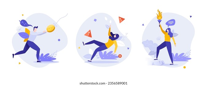Business metaphors flat concept vector illustrations set. Fake opportunities, failure and leadership cartoon composition. Difficulties on way to success idea for website, mobile, presentation