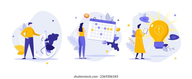 Metáforas de negocio conjunto de ilustraciones vectoriales de concepto plano. Soluciones innovadoras en escenas de dibujos animados de trabajo de emprendedores. Idea de herramientas de organización corporativa para sitio web, presentación