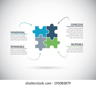 Business metaphors, four puzzle pieces connection. Jigsaw vector illustration.