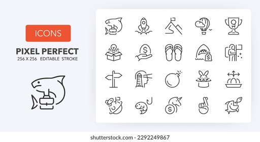 business metaphors thin line icon set. Outline symbol collection. Editable vector stroke. 256x256 Pixel Perfect scalable to 128px, 64px...