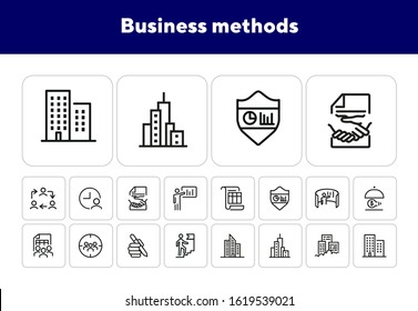 Business methods line icon set. Office building, team, staff, idea. Business concept. Can be used for topics like work on project, teamwork, management, leadership