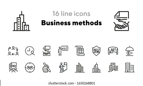 Business methods line icon set. Office building, team, staff, idea. Business concept. Can be used for topics like work on project, teamwork, management, leadership
