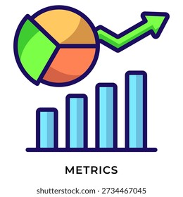 Business metrics analytics icon with chart growth and pie diagram in colorful lineal style
