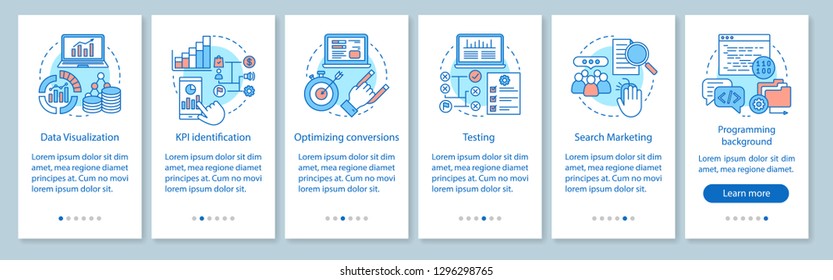 Business metrics courses onboarding mobile app page screen vector template. Marketing and advertising statistics. Walkthrough website steps. Business niche testing. UX, UI, GUI smartphone interface