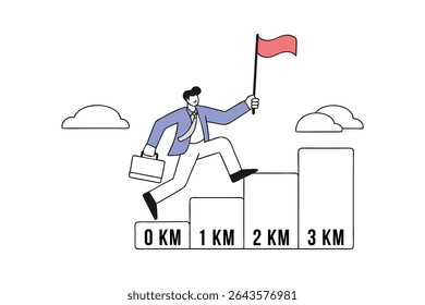 Business Milestone Journey Illustration Achieving Success Concept with Skillful Businessman Holding Flag