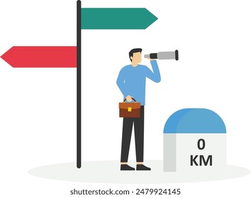 Business milestones road map, start new business, vision or career path and future responsibility concept, confident businessman standing with visionary to the future on starting road milestones.

