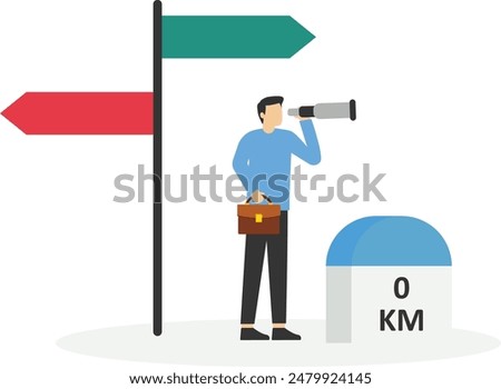 Business milestones road map, start new business, vision or career path and future responsibility concept, confident businessman standing with visionary to the future on starting road milestones.

