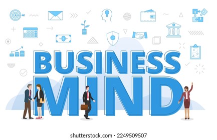 business mind concept with big words and people surrounded by related icon with blue color style