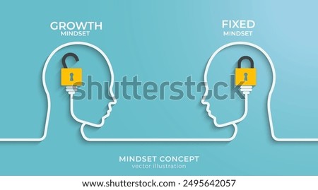 Business mindset concept. Growth mindset VS Fixed mindset. Difference between positive and negative thinking. Human head with Padlock inside. Vector illustration.
