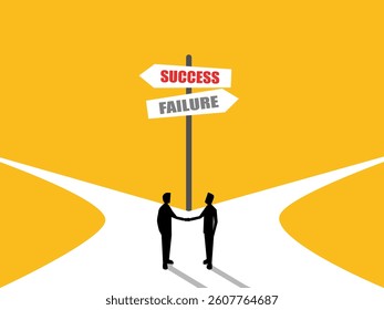 Business mindset, two businessmen shaking hands at a crossroads with success and failure signs