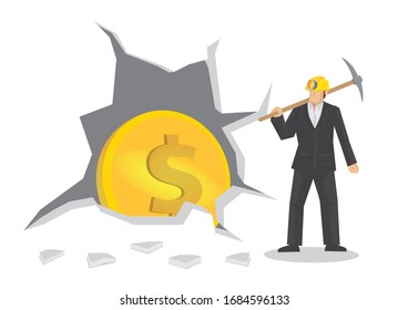 Business miner breaking wall to uncover big shiny coins. Concept of cryptocurrency or business finance. Vector illustration.