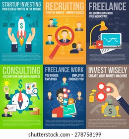 Business mini poster set with startup investing recruiting freelance work promo isolated vector illustration