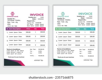 Business Minimal corporate creative invoice design template. Business stationery invoice for your business, print ready invoice payment agreement design template