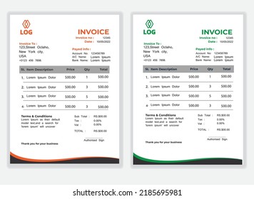 Business Minimal Corporate Invoice design template vector illustration bill form price invoice. Creative invoice template and stationery design payment agreement design template  Cash Memo, Vector Quo