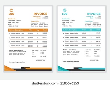 Plantilla de diseño de factura corporativa mínima de negocio Factura vectorial ilustración factura de formulario de factura de precio. Plantilla de factura creativa y diseño de papel plantilla de diseño de acuerdo de pago modelo de pago Cash Memo, Vector Quo