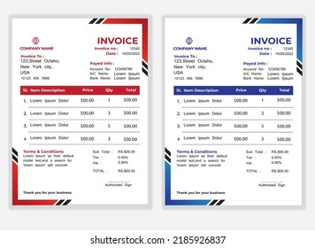 Plantilla de diseño de factura corporativa mínima de negocio Factura vectorial ilustración factura de formulario de factura de precio. Plantilla de factura creativa y diseño de papel plantilla de diseño de acuerdo de pago modelo de pago Cash Memo, Vector Quo