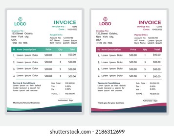 Business Minimal Corporate Invoice design template vector illustration bill form price . Creative template and stationery design payment agreement design template  Cash Memo, Vector Quotation Design T