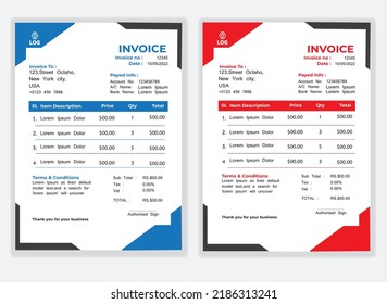 Business Minimal Corporate Invoice design template vector illustration bill form price . Creative template and stationery design payment agreement design template  Cash Memo, Vector Quotation Design T