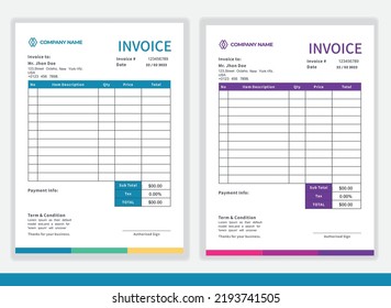 Business Minimal Corporate Invoice design template vector illustration bill form price . Creative template and stationery design payment agreement design template  Cash Memo, Vector Quotation Design 