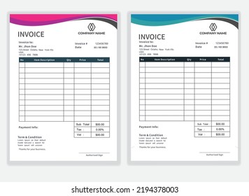 Business Minimal Corporate Invoice design template vector illustration bill form price . Creative template and stationery design payment agreement design template  Cash Memo, Vector Quotation Design