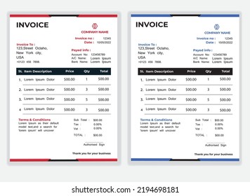 Business Minimal Corporate Invoice design template vector illustration bill form price . Creative template and stationery design payment agreement design template  Cash Memo, Vector Quotation Design