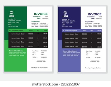 Business Minimal Corporate Invoice design template vector illustration bill form price . Creative template and stationery design payment agreement design template  Cash Memo, Vector Quotation Design