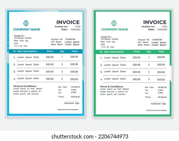 Business Minimal Corporate Invoice design template vector illustration bill form price . Creative template and stationery design payment agreement design template  Cash Memo, Vector Quotation Design