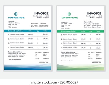 Business Minimal Corporate Invoice design template vector illustration bill form price . Creative template and stationery design payment agreement design template  Cash Memo, Vector Quotation Design