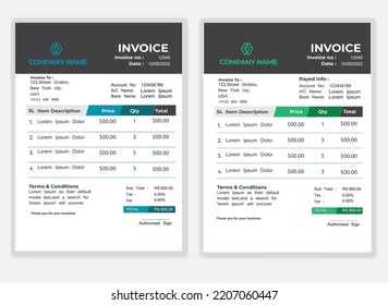 Business Minimal Corporate Invoice design template vector illustration bill form price . Creative template and stationery design payment agreement design template  Cash Memo, Vector Quotation Design