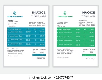 Business Minimal Corporate Invoice design template vector illustration bill form price . Creative template and stationery design payment agreement design template  Cash Memo, Vector Quotation Design