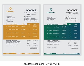 Business Minimal Corporate Invoice design template vector illustration bill form price . Creative template and stationery design payment agreement design template Cash Memo, Vector Quotation Design

