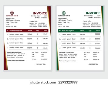 Business Minimal Corporate Invoice design template vector illustration bill form price . Creative template and stationery design payment agreement design template Cash Memo, Vector Quotation Design