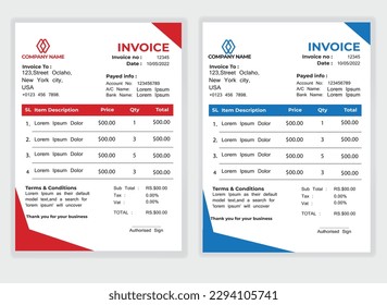 Business Minimal Corporate Invoice design template vector illustration bill form price . Creative template and stationery design payment agreement design template Cash Memo, Vector Quotation Design