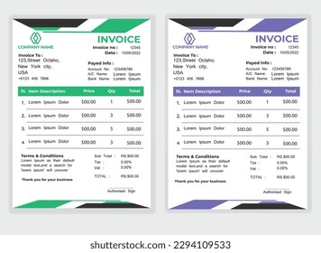 Business Minimal Corporate Invoice design template vector illustration bill form price . Creative template and stationery design payment agreement design template Cash Memo, Vector Quotation Design