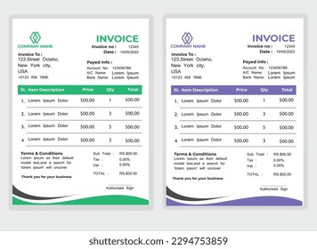 Business Minimal Corporate Invoice design template vector illustration bill form price . Creative template and stationery design payment agreement design template Cash Memo, Vector Quotation Design