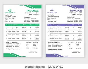 Business Minimal Corporate Invoice design template vector illustration bill form price . Creative template and stationery design payment agreement design template Cash Memo, Vector Quotation Design