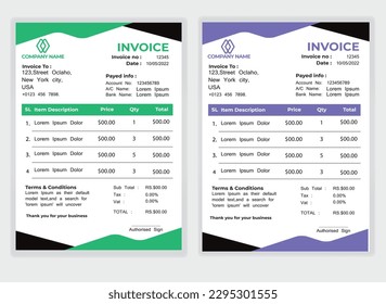 Business Minimal Corporate Invoice design template vector illustration bill form price . Creative template and stationery design payment agreement design template Cash Memo, Vector Quotation Design