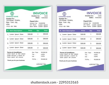Business Minimal Corporate Invoice design template vector illustration bill form price . Creative template and stationery design payment agreement design template Cash Memo, Vector Quotation Design