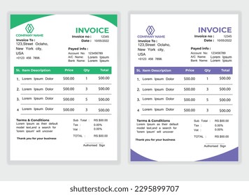 Business Minimal Corporate Invoice design template vector illustration bill form price . Creative template and stationery design payment agreement design template Cash Memo, Vector Quotation Design