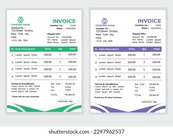 Business Minimal Corporate Invoice design template vector illustration bill form price . Creative template and stationery design payment agreement design template Cash Memo, Vector Quotation Design