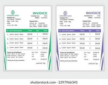 Business Minimal Corporate Invoice design template vector illustration bill form price . Creative template and stationery design payment agreement design template Cash Memo, Vector Quotation Design