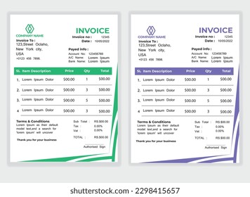 Business Minimal Corporate Invoice design template vector illustration bill form price . Creative template and stationery design payment agreement design template Cash Memo, Vector Quotation Design