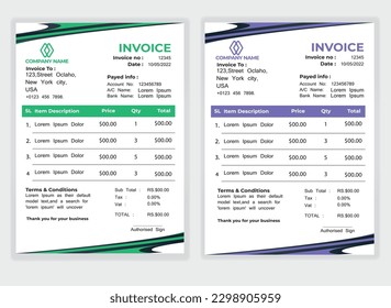Business Minimal Corporate Invoice design template vector illustration bill form price . Creative template and stationery design payment agreement design template Cash Memo, Vector Quotation Design