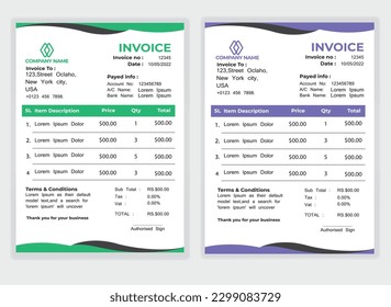 Business Minimal Corporate Invoice design template vector illustration bill form price . Creative template and stationery design payment agreement design template Cash Memo, Vector Quotation Design