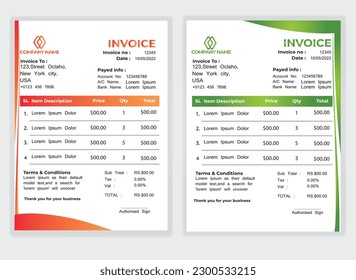 Business Minimal Corporate Invoice design template vector illustration bill form price . Creative template and stationery design payment agreement design template Cash Memo, Vector Quotation Design
