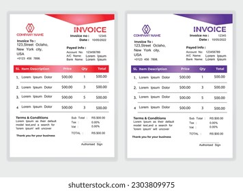 Business Minimal Corporate Invoice design template vector illustration bill form price . Creative template and stationery design payment agreement design template Cash Memo, Vector Quotation Design