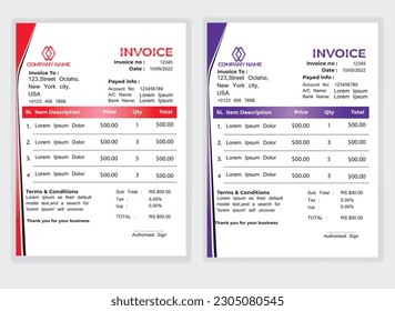 Business Minimal Corporate Invoice design template vector illustration bill form price . Creative template and stationery design payment agreement design template Cash Memo, Vector Quotation Design