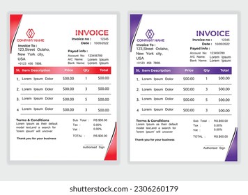 Business Minimal Corporate Invoice design template vector illustration bill form price . Creative template and stationery design payment agreement design template Cash Memo, Vector Quotation Design