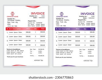 Business Minimal Corporate Invoice design template vector illustration bill form price . Creative template and stationery design payment agreement design template Cash Memo, Vector Quotation Design
