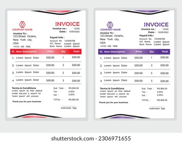 Business Minimal Corporate Invoice design template vector illustration bill form price . Creative template and stationery design payment agreement design template Cash Memo, Vector Quotation Design